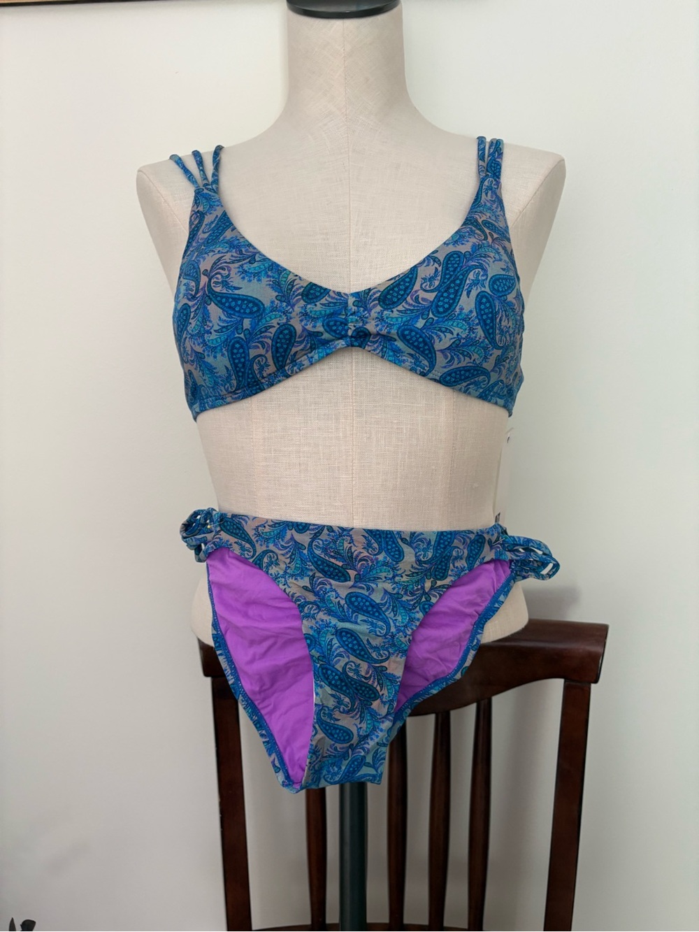 Blue Paisley Two-Piece Bikini with Purple Lining